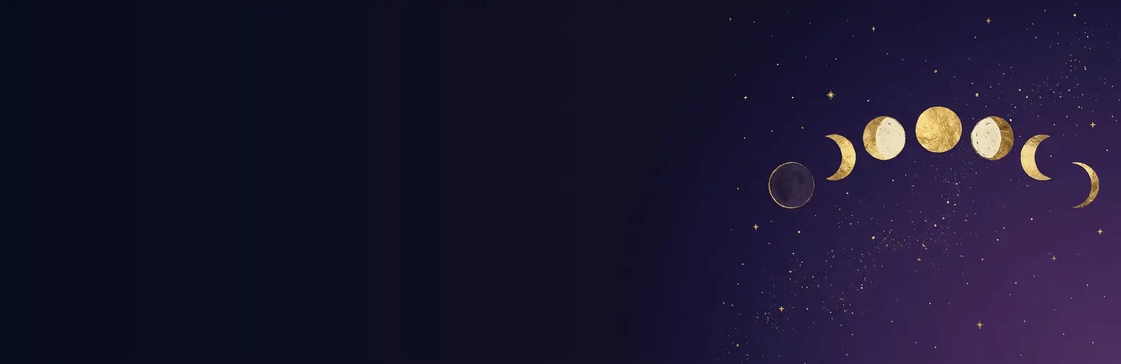 Fases de la Luna: de luna nueva a luna llena y menguante, dibujadas en dorado sobre un cielo nocturno