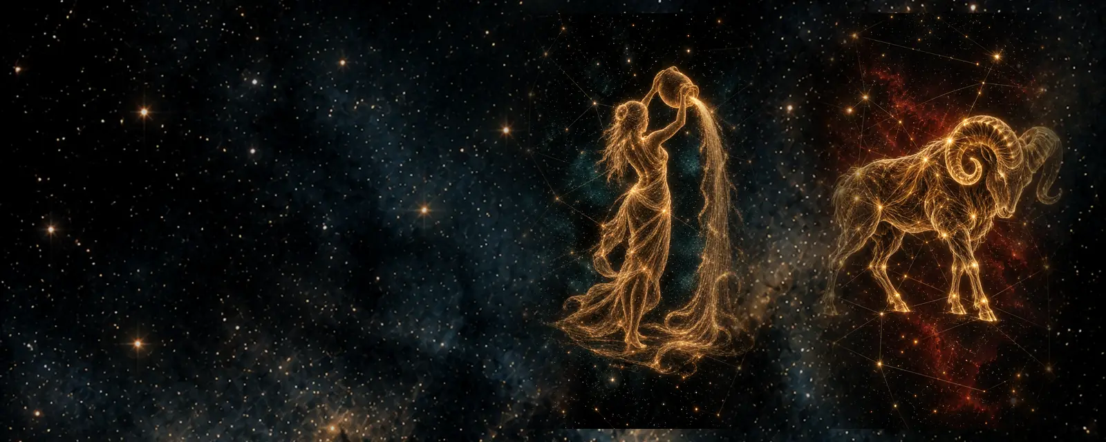 Ilustración de Acuario y Aries: una figura que vierte agua y un carnero dibujados con hilos de luz dorada sobre un cielo nocturno