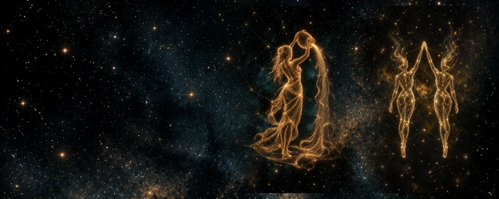 Ilustración de Acuario y Géminis: una figura que vierte agua y dos figuras gemelas dibujados con hilos de luz dorada sobre un cielo nocturno