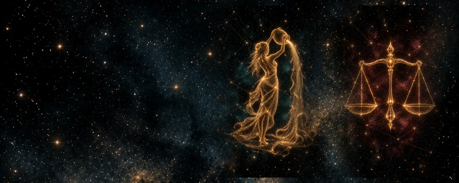 Ilustración de Acuario y Libra: una figura que vierte agua y una balanza dibujados con hilos de luz dorada sobre un cielo nocturno