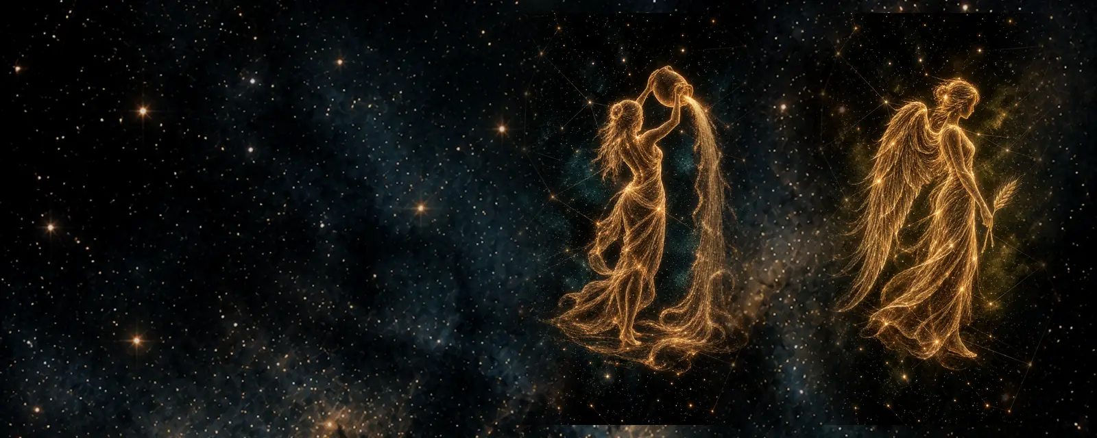 Ilustración de Acuario y Virgo: una figura que vierte agua y una doncella con una espiga dibujados con hilos de luz dorada sobre un cielo nocturno