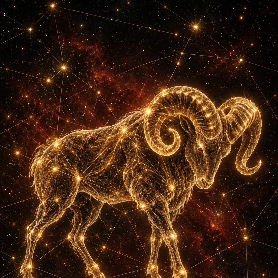 Ilustración de Aries: un carnero dibujado con hilos de luz dorada sobre un cielo nocturno