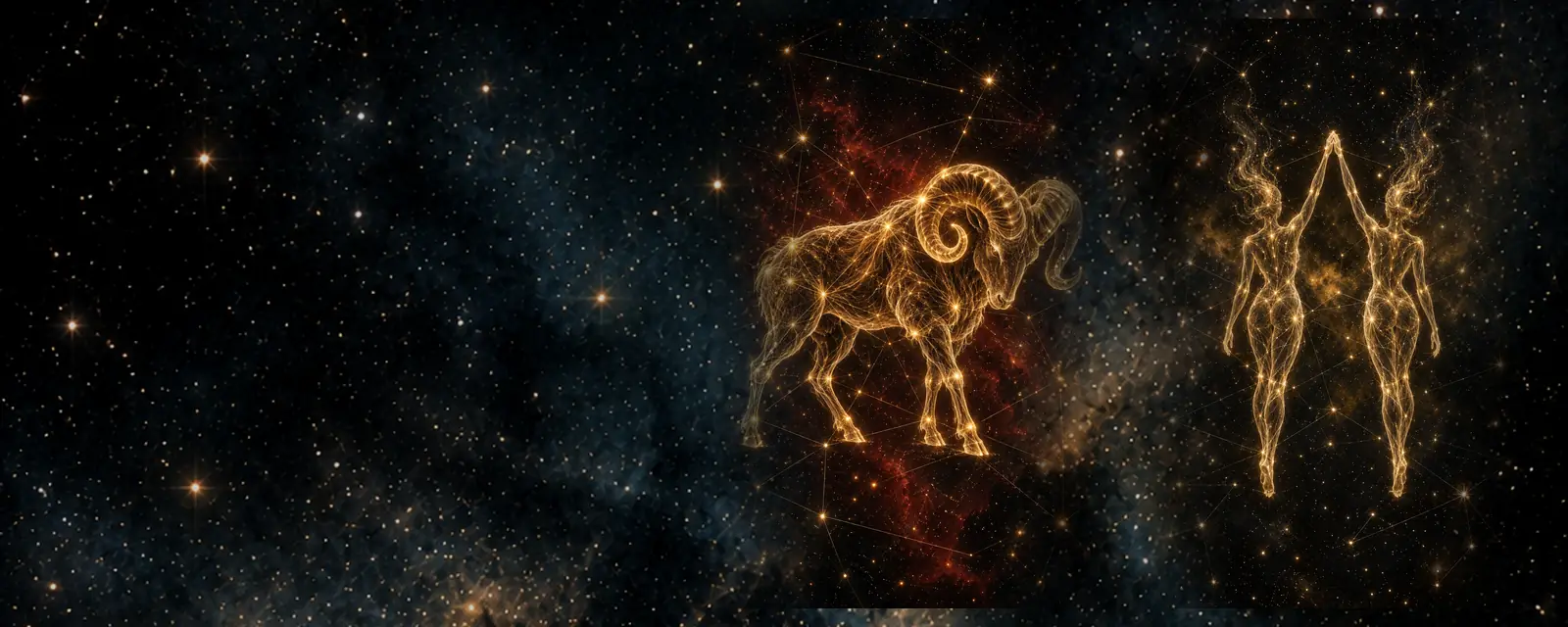 Ilustración de Aries y Géminis: un carnero y dos figuras gemelas dibujados con hilos de luz dorada sobre un cielo nocturno