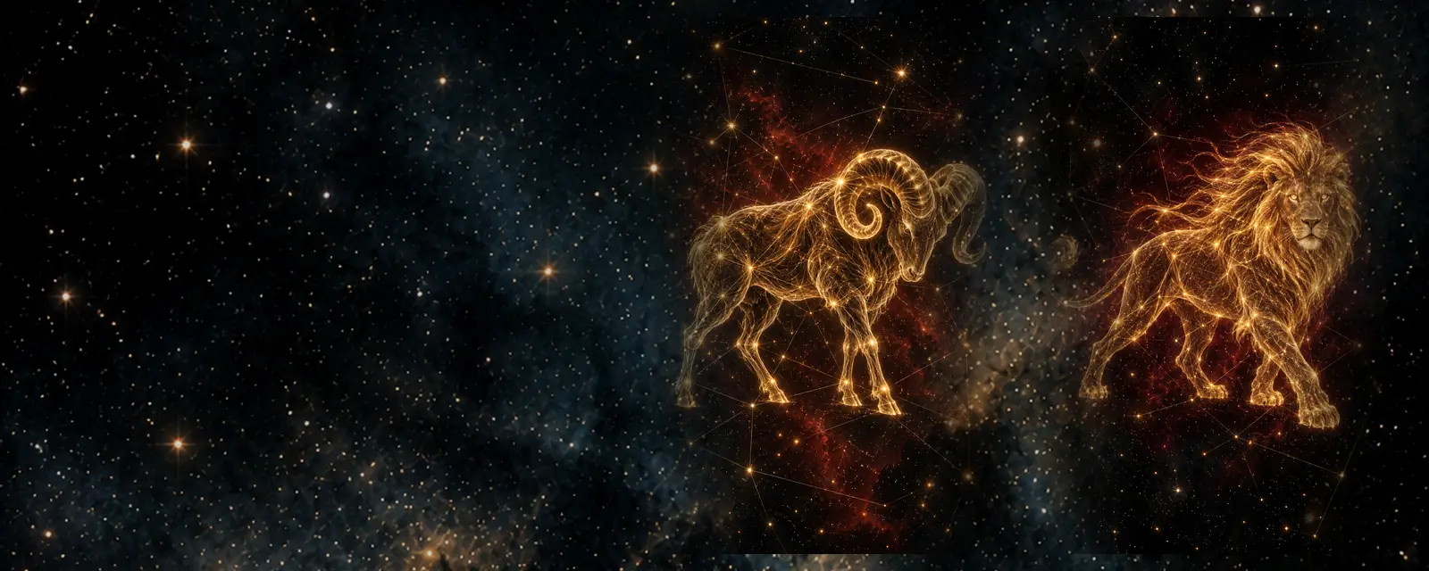 Ilustración de Aries y Leo: un carnero y un león dibujados con hilos de luz dorada sobre un cielo nocturno