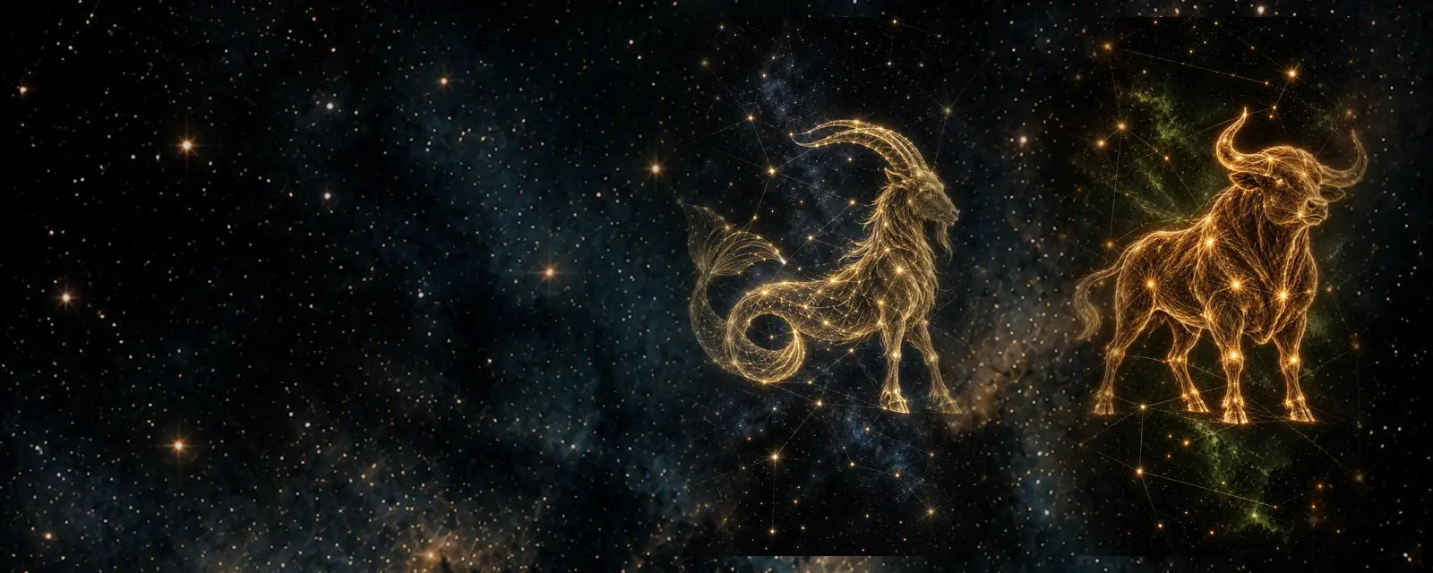 Ilustración de Capricornio y Tauro: una cabra con cola de pez y un toro dibujados con hilos de luz dorada sobre un cielo nocturno