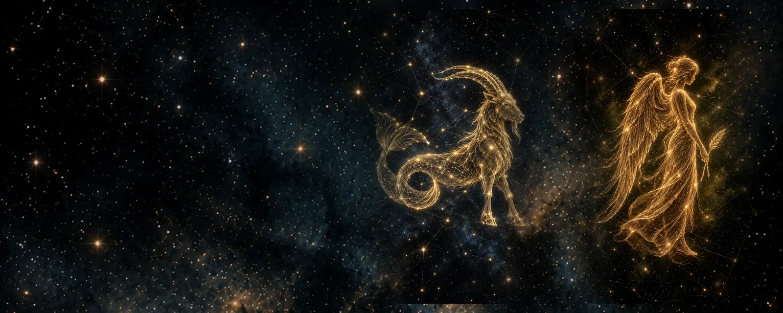 Ilustración de Capricornio y Virgo: una cabra con cola de pez y una doncella con una espiga dibujados con hilos de luz dorada sobre un cielo nocturno