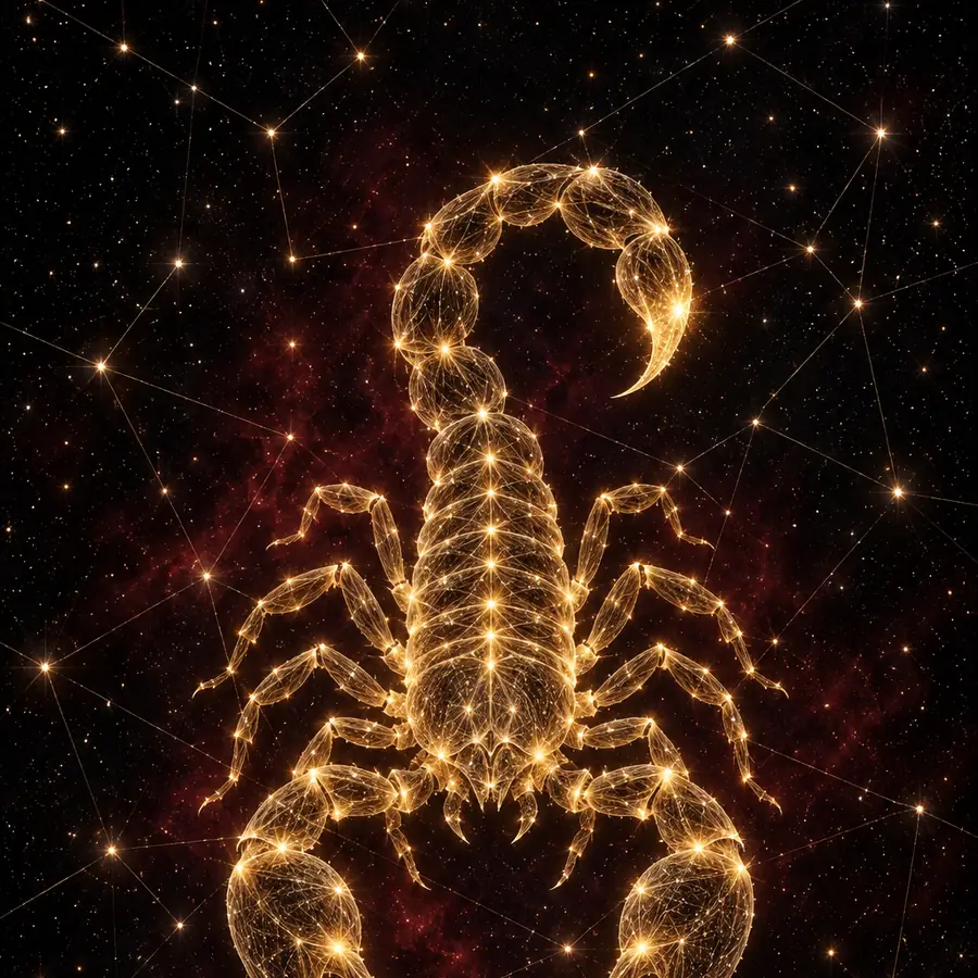 Ilustración de Escorpio: un escorpión dibujado con hilos de luz dorada sobre un cielo nocturno