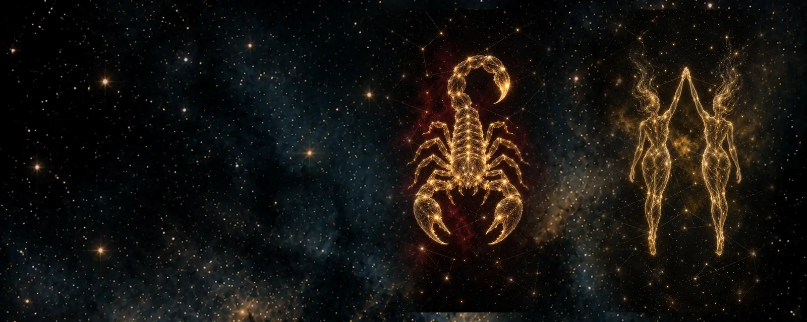 Ilustración de Escorpio y Géminis: un escorpión y dos figuras gemelas dibujados con hilos de luz dorada sobre un cielo nocturno