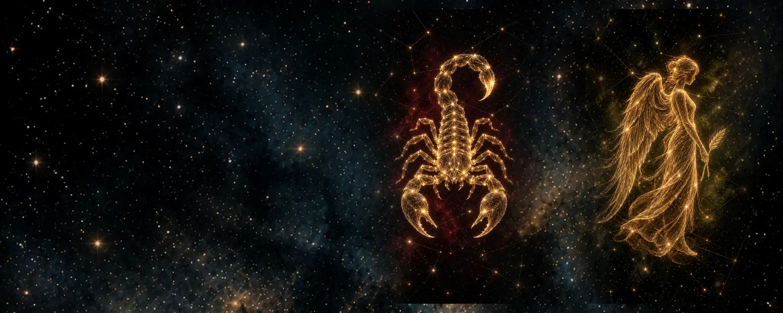 Ilustración de Escorpio y Virgo: un escorpión y una doncella con una espiga dibujados con hilos de luz dorada sobre un cielo nocturno