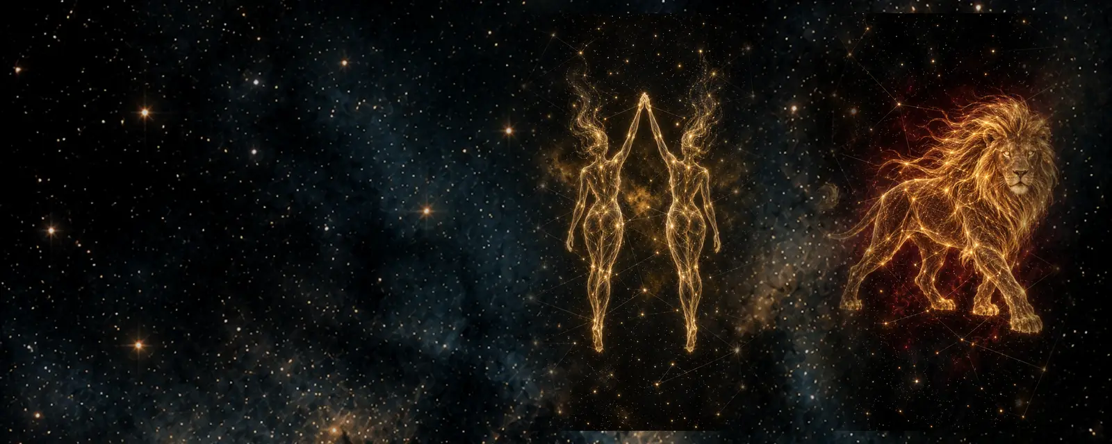 Ilustración de Géminis y Leo: dos figuras gemelas y un león dibujados con hilos de luz dorada sobre un cielo nocturno