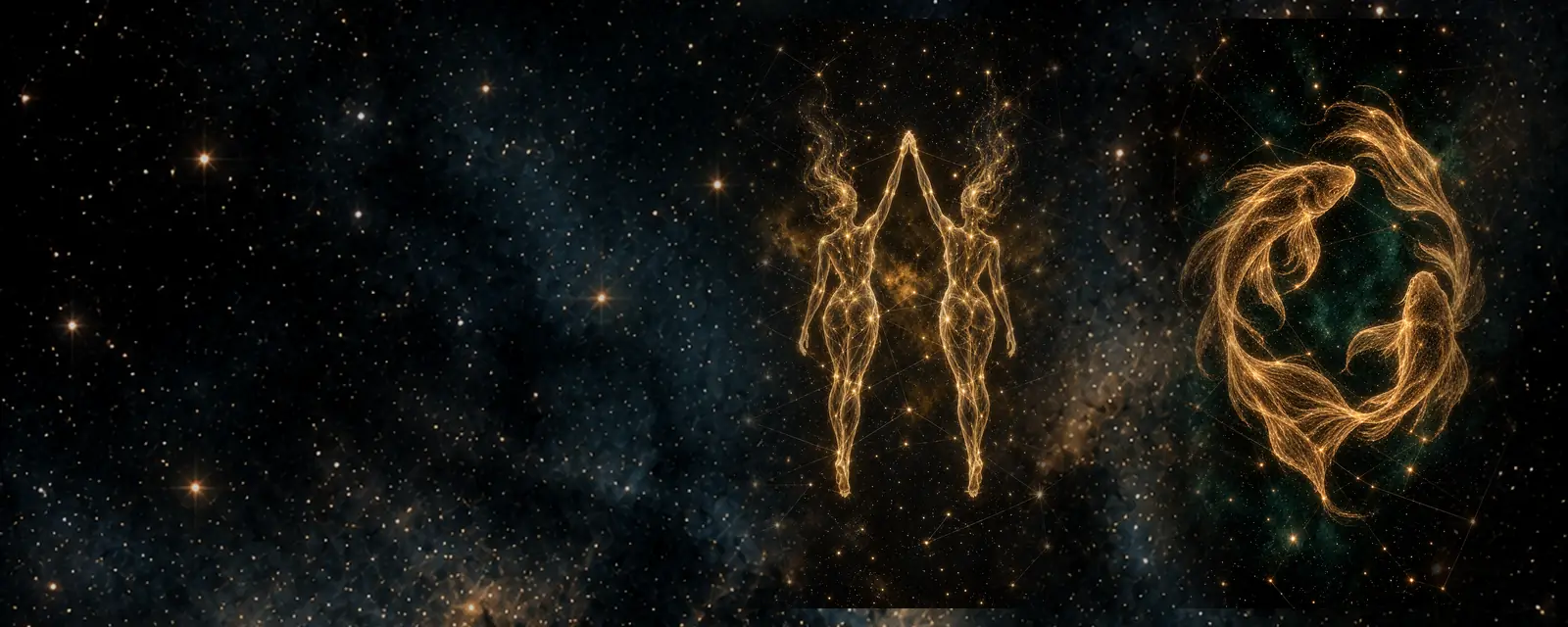Ilustración de Géminis y Piscis: dos figuras gemelas y dos peces dibujados con hilos de luz dorada sobre un cielo nocturno
