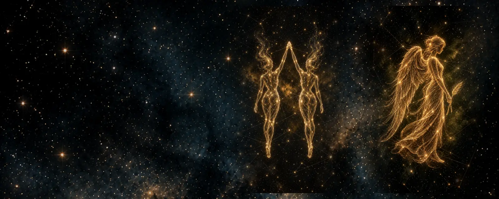 Ilustración de Géminis y Virgo: dos figuras gemelas y una doncella con una espiga dibujados con hilos de luz dorada sobre un cielo nocturno