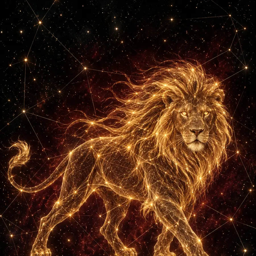 Ilustración de Leo: un león dibujado con hilos de luz dorada sobre un cielo nocturno