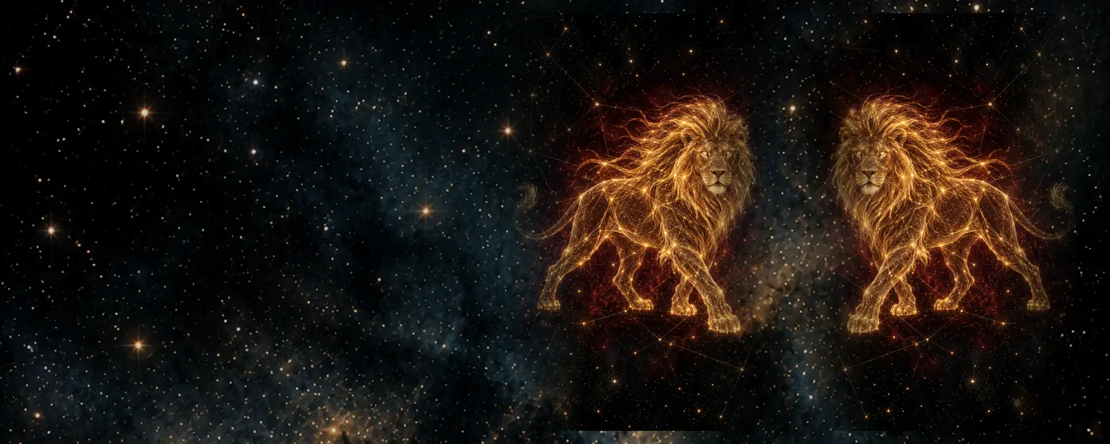 Ilustración de Leo y su reflejo: dos figuras de Leo dibujadas con hilos de luz dorada