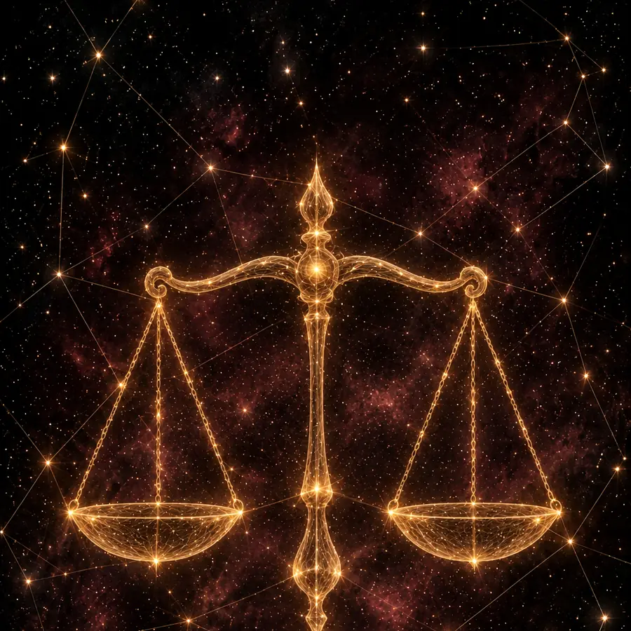 Ilustración de Libra: una balanza dibujado con hilos de luz dorada sobre un cielo nocturno