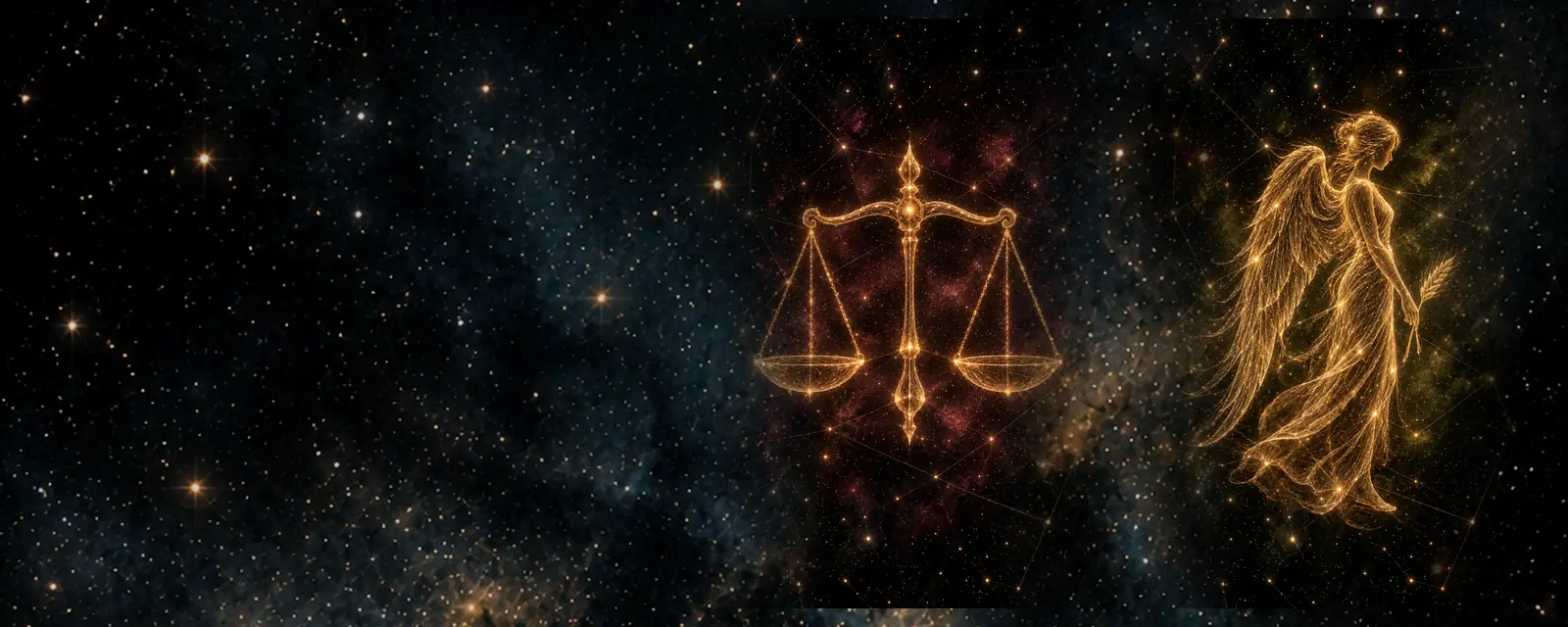 Ilustración de Libra y Virgo: una balanza y una doncella con una espiga dibujados con hilos de luz dorada sobre un cielo nocturno