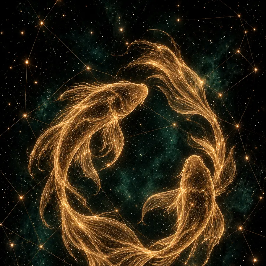 Ilustración de Piscis: dos peces dibujado con hilos de luz dorada sobre un cielo nocturno