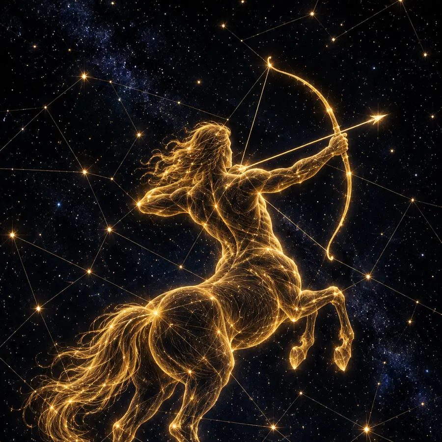 Ilustración de Sagitario: un centauro arquero dibujado con hilos de luz dorada sobre un cielo nocturno