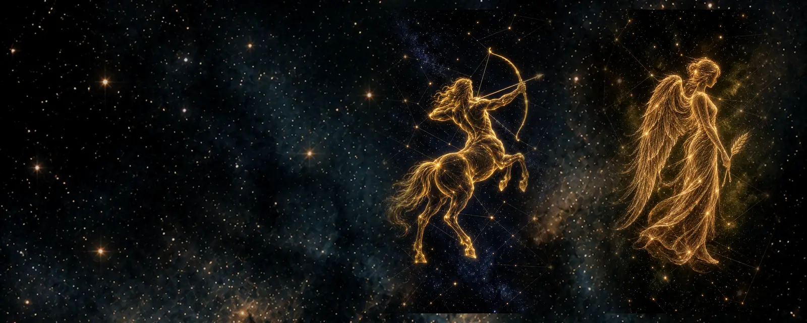 Ilustración de Sagitario y Virgo: un centauro arquero y una doncella con una espiga dibujados con hilos de luz dorada sobre un cielo nocturno