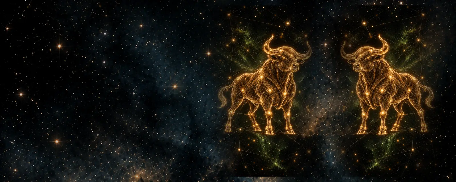 Ilustración de Tauro y su reflejo: dos figuras de Tauro dibujadas con hilos de luz dorada